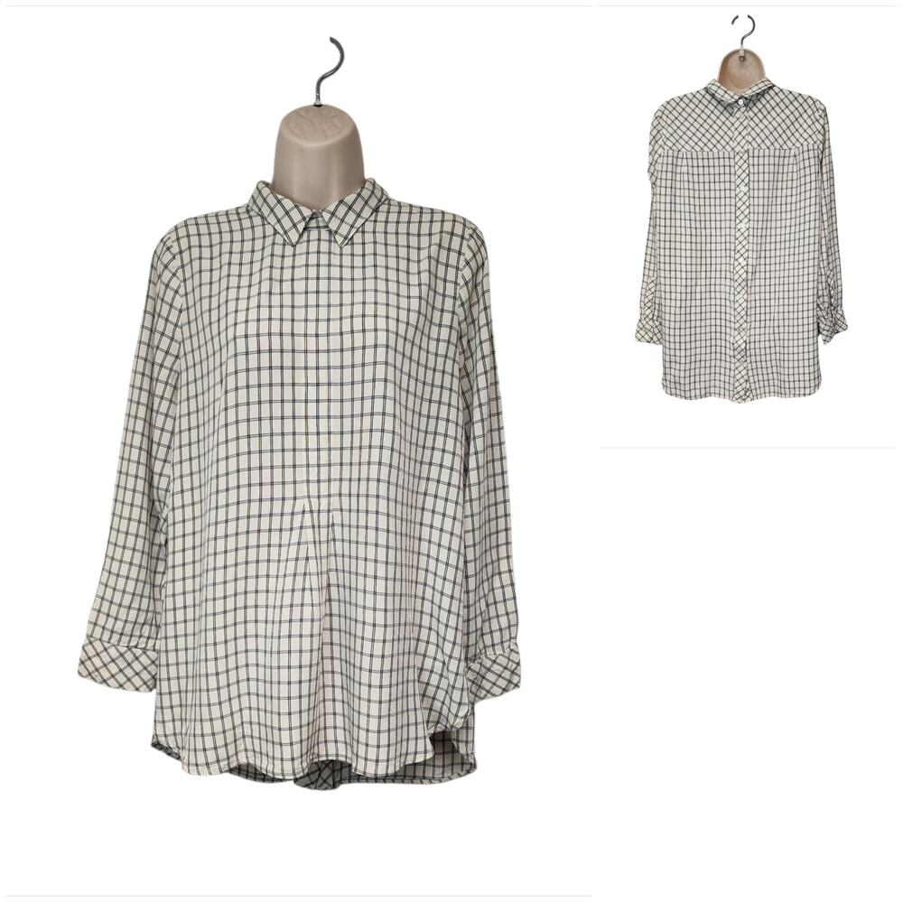 J.jill women's Tunic Blouse Black/Ivory Windowpane Plaid Long Sleeves Size M